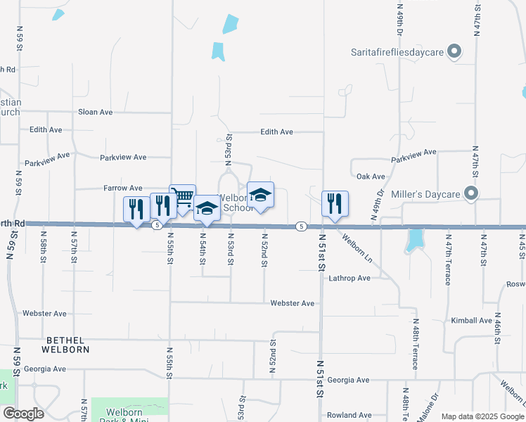 map of restaurants, bars, coffee shops, grocery stores, and more near 5200 Leavenworth Road in Kansas City