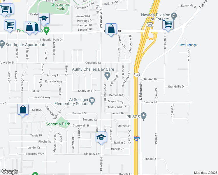 map of restaurants, bars, coffee shops, grocery stores, and more near 2624 Fieldcrest Drive in Carson City