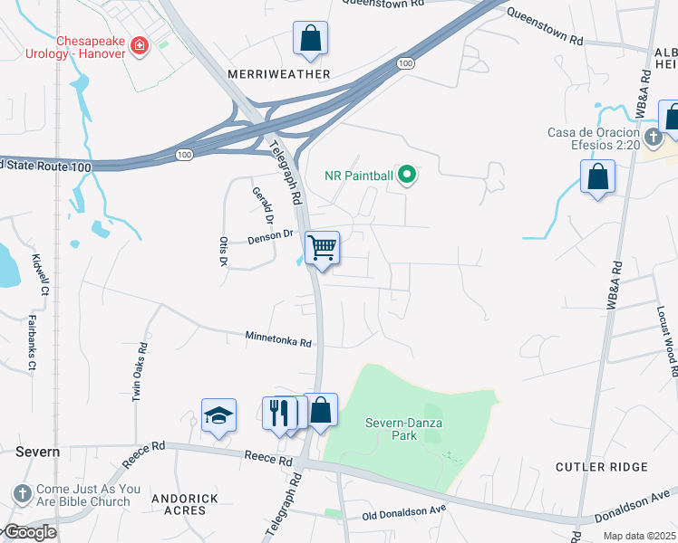 map of restaurants, bars, coffee shops, grocery stores, and more near 7735 Venice Lane in Severn