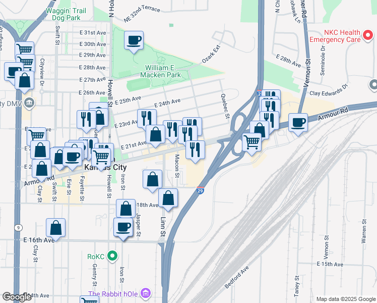 map of restaurants, bars, coffee shops, grocery stores, and more near 1207 Armour Road in North Kansas City