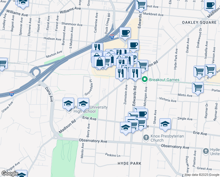 map of restaurants, bars, coffee shops, grocery stores, and more near 3619 Burch Avenue in Cincinnati