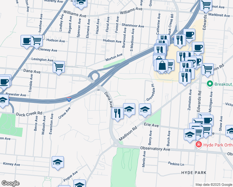 map of restaurants, bars, coffee shops, grocery stores, and more near 3603 Tamarack Avenue in Cincinnati