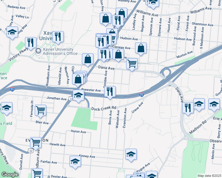 map of restaurants, bars, coffee shops, grocery stores, and more near 1927 Clarion Avenue in Cincinnati