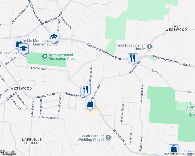 map of restaurants, bars, coffee shops, grocery stores, and more near 3107 McHenry Avenue in Cincinnati