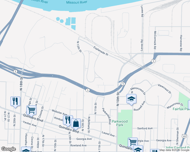 map of restaurants, bars, coffee shops, grocery stores, and more near 3129-3199 West Parkwood Boulevard in Kansas City