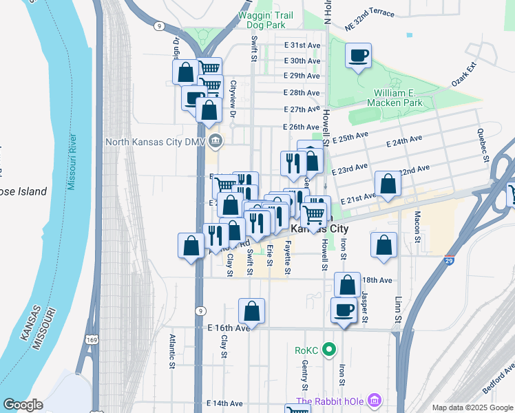 map of restaurants, bars, coffee shops, grocery stores, and more near 2100 Erie Street in North Kansas City