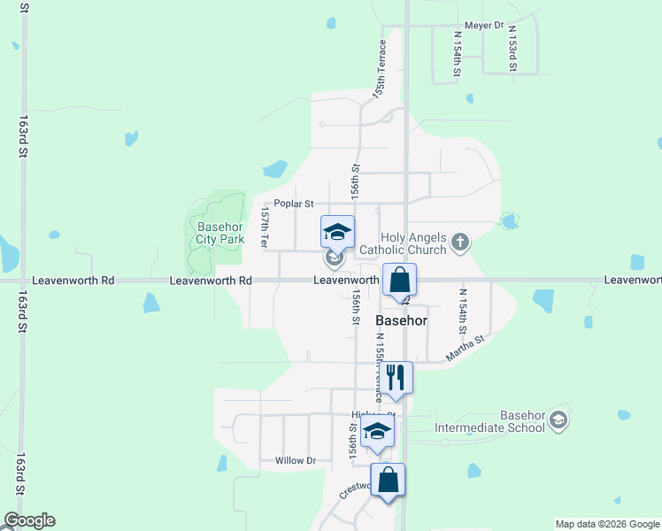 map of restaurants, bars, coffee shops, grocery stores, and more near 15602 Leavenworth Road in Basehor