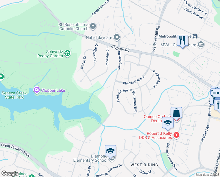 map of restaurants, bars, coffee shops, grocery stores, and more near 11500 Golden Post Lane in Gaithersburg
