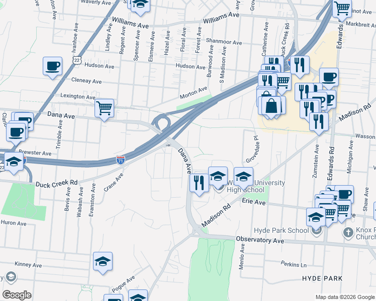 map of restaurants, bars, coffee shops, grocery stores, and more near 3603 Tamarack Avenue in Cincinnati
