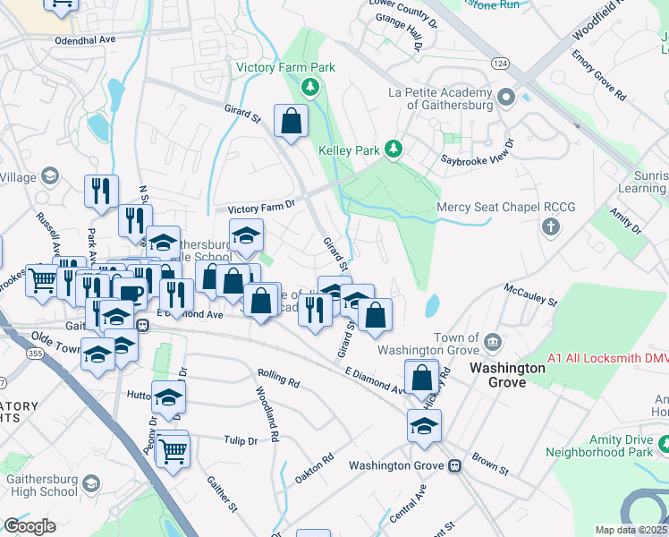 map of restaurants, bars, coffee shops, grocery stores, and more near 28 Starboard Court in Gaithersburg