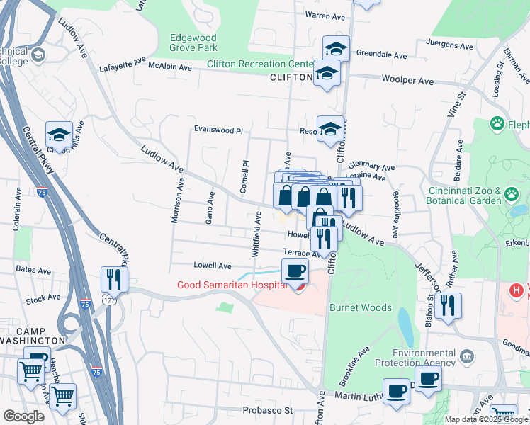 map of restaurants, bars, coffee shops, grocery stores, and more near 423 Ludlow Ave in Cincinnati