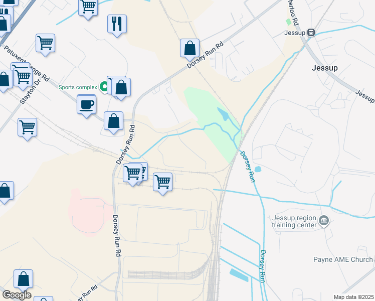 map of restaurants, bars, coffee shops, grocery stores, and more near 8235 Patuxent Range Road in Jessup