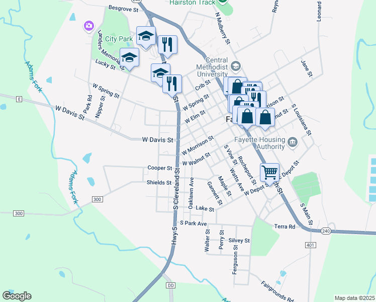 map of restaurants, bars, coffee shops, grocery stores, and more near 499 W Morrison St in Fayette