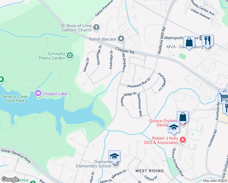 map of restaurants, bars, coffee shops, grocery stores, and more near 11500 Golden Post Lane in Gaithersburg