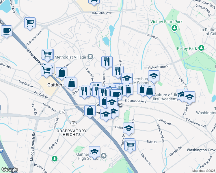map of restaurants, bars, coffee shops, grocery stores, and more near 201 Brookes Avenue in Gaithersburg