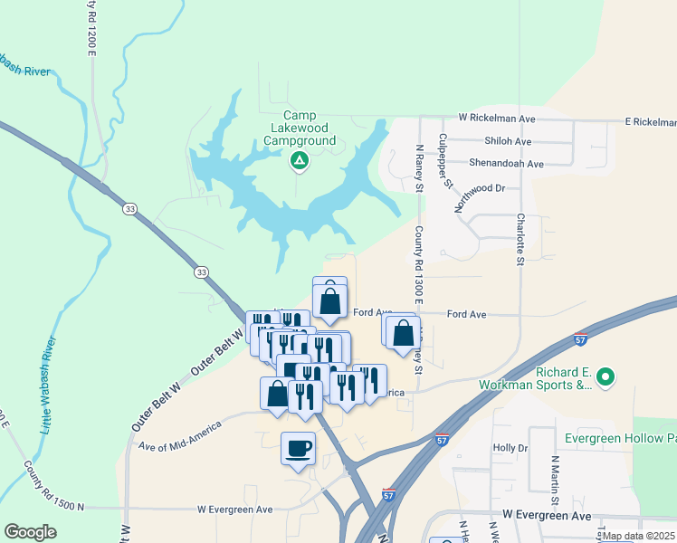 map of restaurants, bars, coffee shops, grocery stores, and more near 1600 Ford Avenue in Effingham