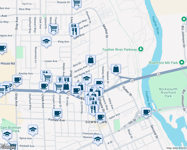 map of restaurants, bars, coffee shops, grocery stores, and more near 989 Plumas Street in Yuba City