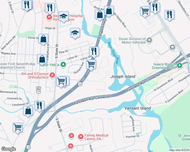 map of restaurants, bars, coffee shops, grocery stores, and more near 5 Evergreen Drive in Dover