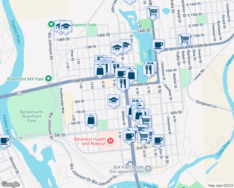 map of restaurants, bars, coffee shops, grocery stores, and more near 822 F Street in Marysville