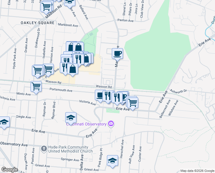 map of restaurants, bars, coffee shops, grocery stores, and more near 3374 Wasson Road in Cincinnati
