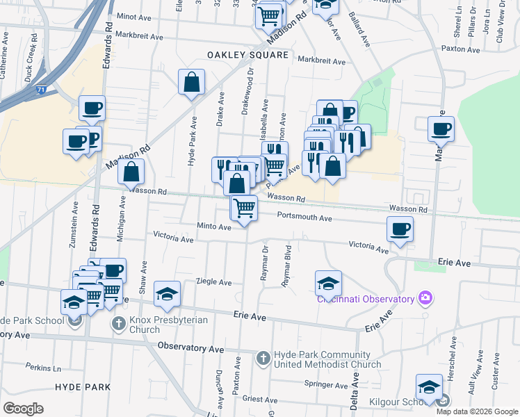 map of restaurants, bars, coffee shops, grocery stores, and more near in Cincinnati