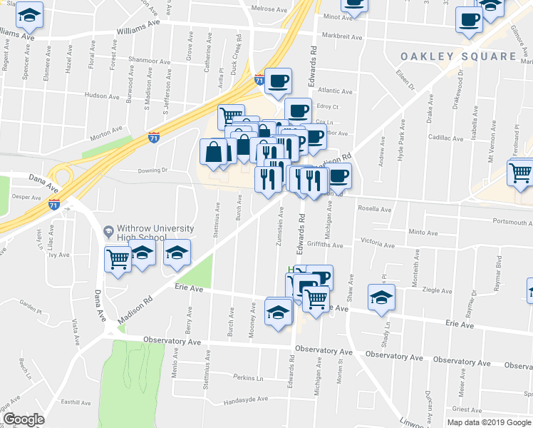 map of restaurants, bars, coffee shops, grocery stores, and more near 2630 Madison Road in Cincinnati