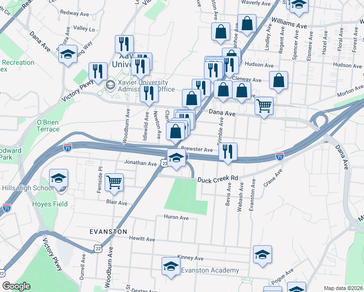 map of restaurants, bars, coffee shops, grocery stores, and more near 3550 Montgomery Road in Cincinnati