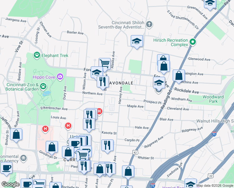 map of restaurants, bars, coffee shops, grocery stores, and more near 3475 Harvey Avenue in Cincinnati