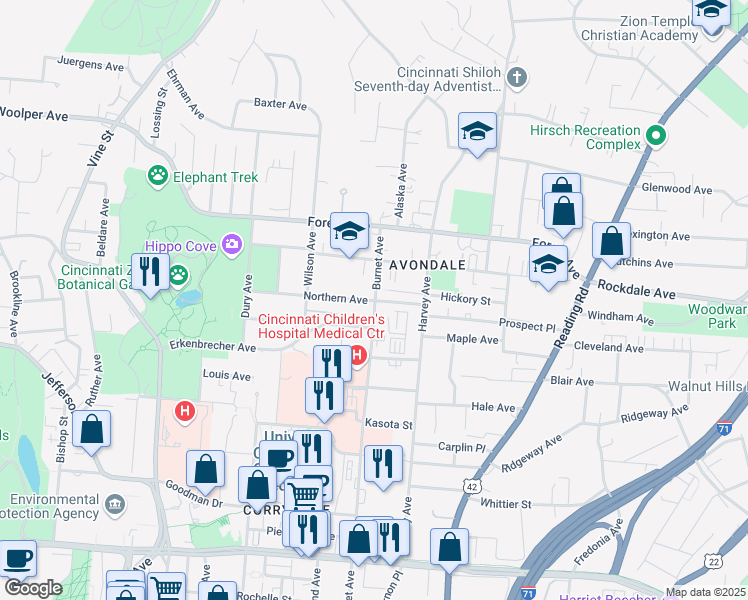 map of restaurants, bars, coffee shops, grocery stores, and more near 403 Hickory Street in Cincinnati