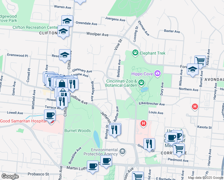 map of restaurants, bars, coffee shops, grocery stores, and more near 3400 Bishop Street in Cincinnati