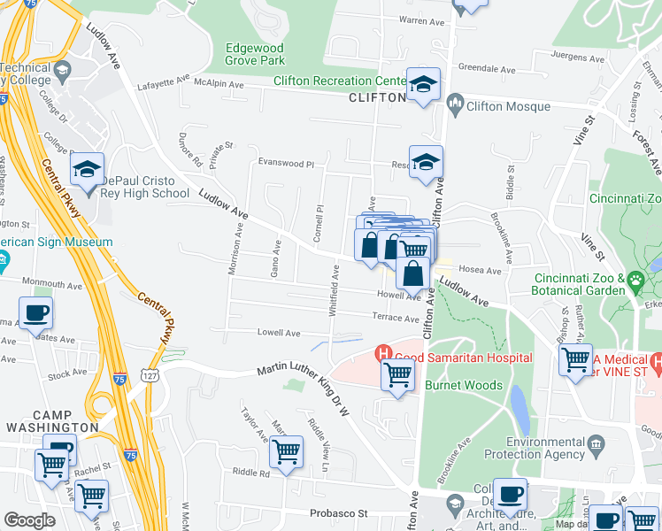 map of restaurants, bars, coffee shops, grocery stores, and more near 423 Ludlow Avenue in Cincinnati