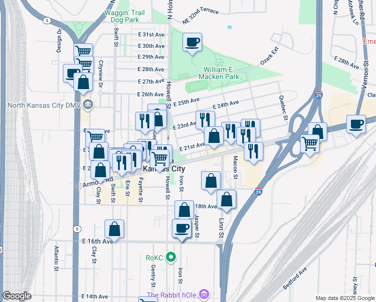 map of restaurants, bars, coffee shops, grocery stores, and more near 817 East 21st Avenue in North Kansas City