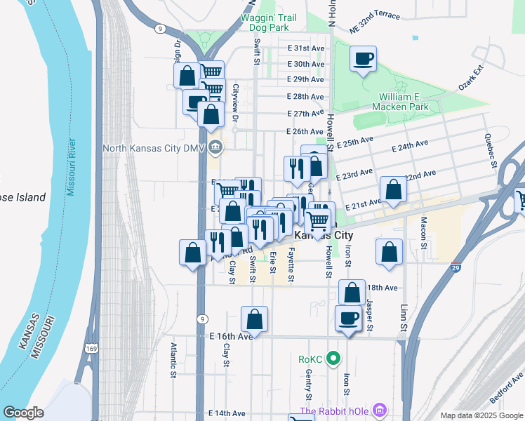 map of restaurants, bars, coffee shops, grocery stores, and more near 2100 Erie Street in North Kansas City