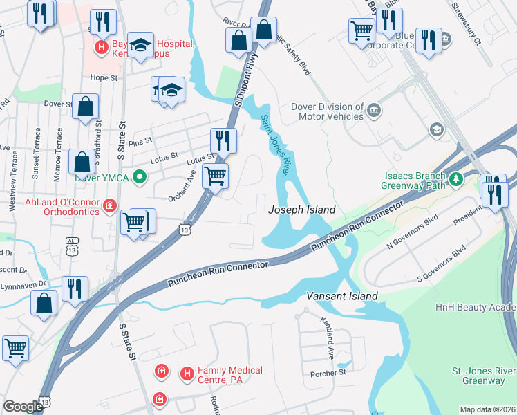map of restaurants, bars, coffee shops, grocery stores, and more near 151 Roosevelt Avenue in Dover