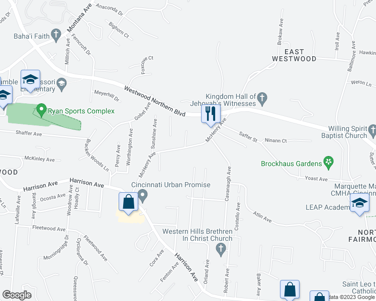 map of restaurants, bars, coffee shops, grocery stores, and more near 3172 McHenry Avenue in Cincinnati