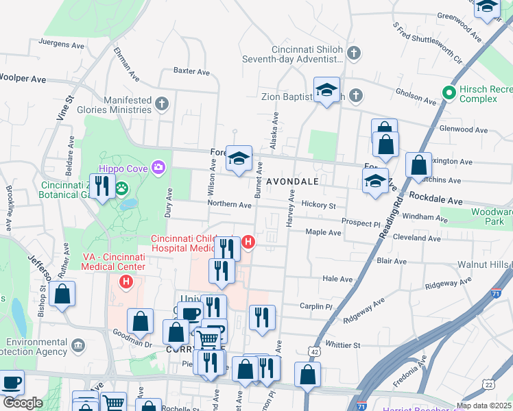 map of restaurants, bars, coffee shops, grocery stores, and more near 3440 Burnet Avenue in Cincinnati