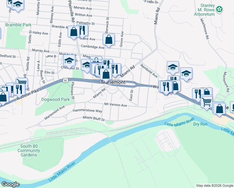 map of restaurants, bars, coffee shops, grocery stores, and more near 3732 East Center Street in Cincinnati