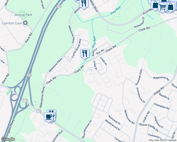map of restaurants, bars, coffee shops, grocery stores, and more near 7810 Clark Road in Jessup