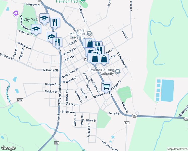 map of restaurants, bars, coffee shops, grocery stores, and more near 200 West Hackberry Street in Fayette