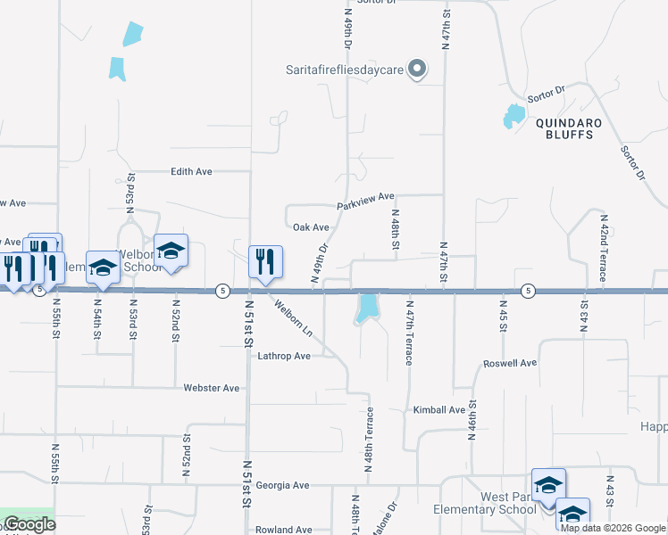 map of restaurants, bars, coffee shops, grocery stores, and more near 3124 North 49th Street in Kansas City
