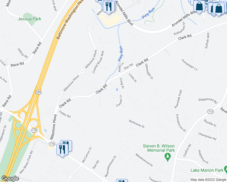 map of restaurants, bars, coffee shops, grocery stores, and more near 7810 Clark Road in Jessup