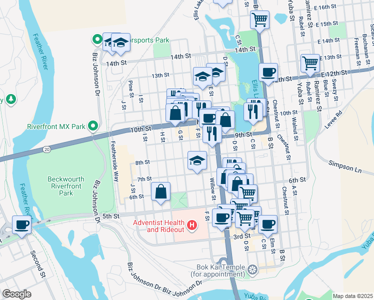 map of restaurants, bars, coffee shops, grocery stores, and more near 815 G Street in Marysville