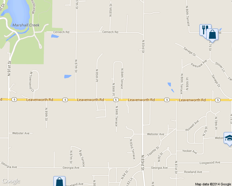 map of restaurants, bars, coffee shops, grocery stores, and more near 3115 North 84th Place in Kansas City