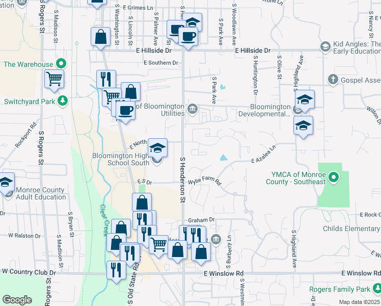 map of restaurants, bars, coffee shops, grocery stores, and more near 646 East Ridge Crest Court in Bloomington