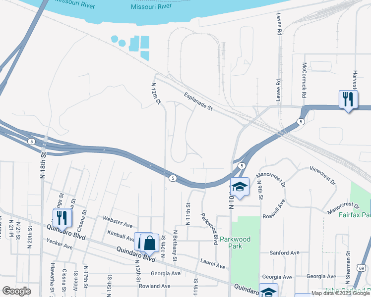 map of restaurants, bars, coffee shops, grocery stores, and more near 3166 West Parkwood Boulevard in Kansas City