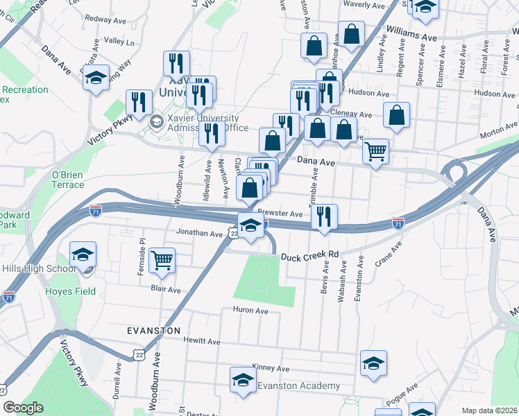 map of restaurants, bars, coffee shops, grocery stores, and more near 3550 Montgomery Road in Cincinnati