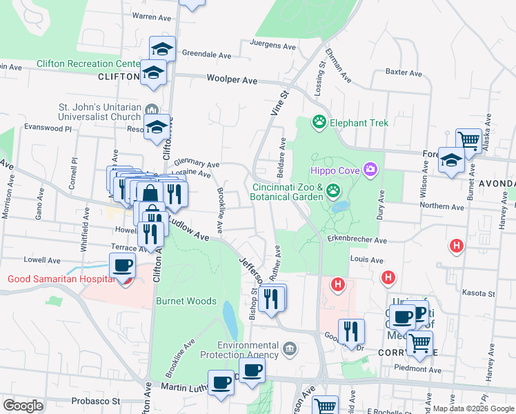map of restaurants, bars, coffee shops, grocery stores, and more near 3400 Bishop Street in Cincinnati