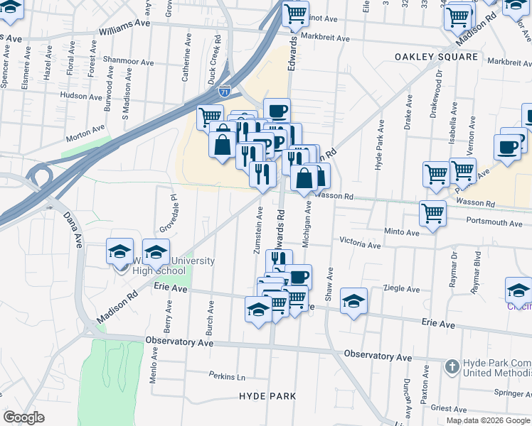 map of restaurants, bars, coffee shops, grocery stores, and more near 3644 Zumstein Avenue in Cincinnati