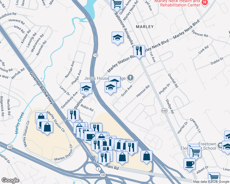 map of restaurants, bars, coffee shops, grocery stores, and more near 715 Cooper Road in Glen Burnie