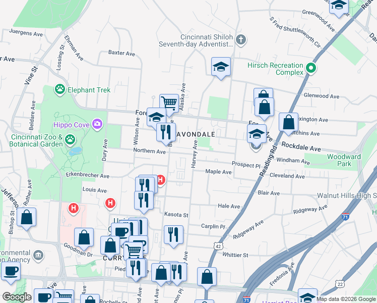 map of restaurants, bars, coffee shops, grocery stores, and more near 3475 Harvey Avenue in Cincinnati
